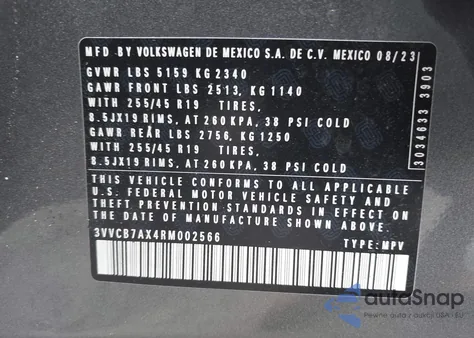 2024 Volkswagen Tiguan 2.0T Se R-Line Black из США, поврежденный, VIN 3VVCB7AX4RM002566